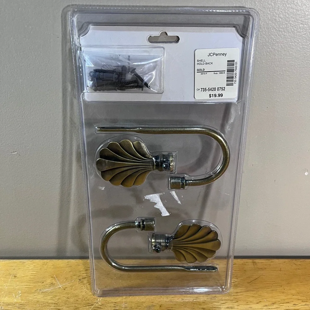 Vtg JCPenney Shell Curtain Scarf Holders Holdbacks Gold Set of 2 735-5420 NEW
